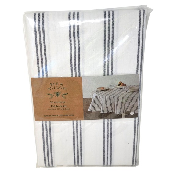 Bee & Willow 70in Round Tablecloth White Charcoal Gray Striped 100% Cotton New - Picture 1 of 8